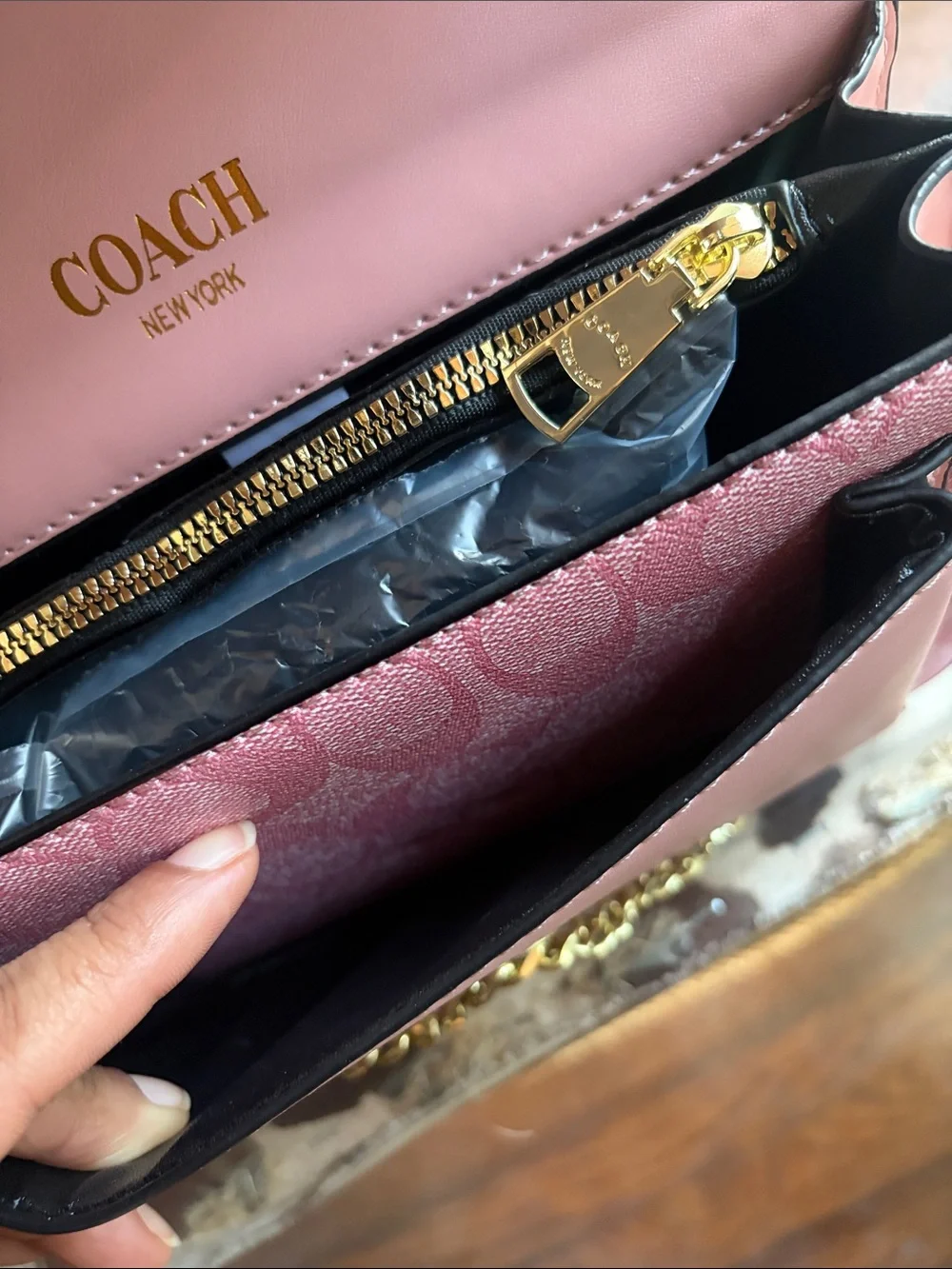 Coach Pink Signature Crossbody Bag with Gold Chain & Cherry Charm